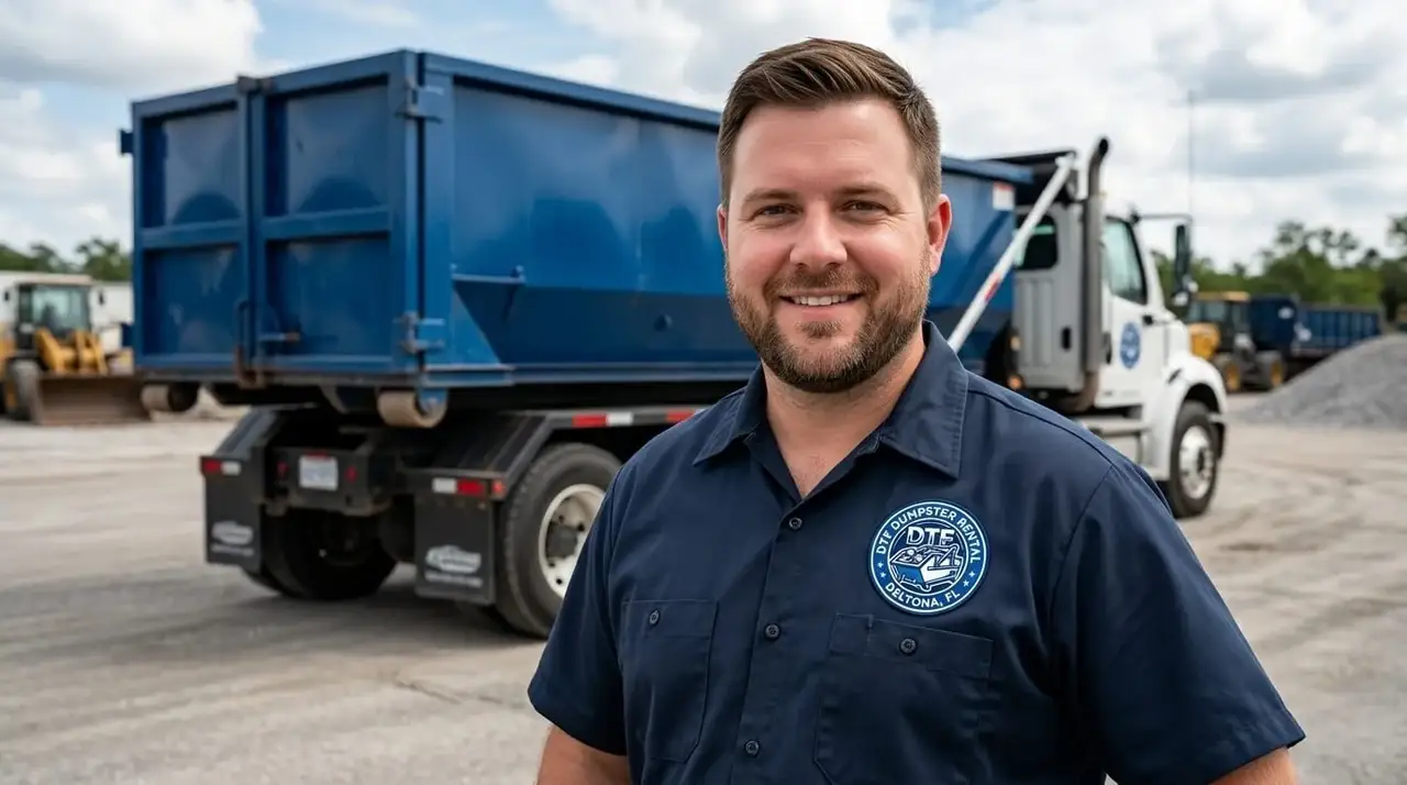 Speaking with a DTF Dumpster Rental Deltona driver beside a roll-off container