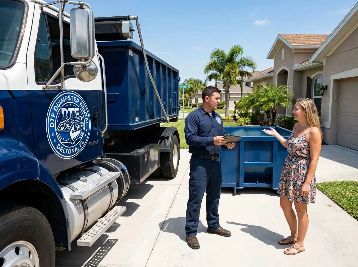 DTF Dumpster Rental Deltona crew answering questions beside a roll-off container