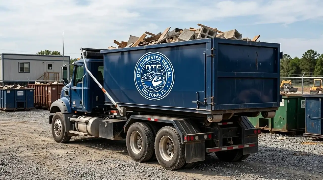 DTF Dumpster Rental Deltona team at the Deltona yard preparing a roll-off delivery
